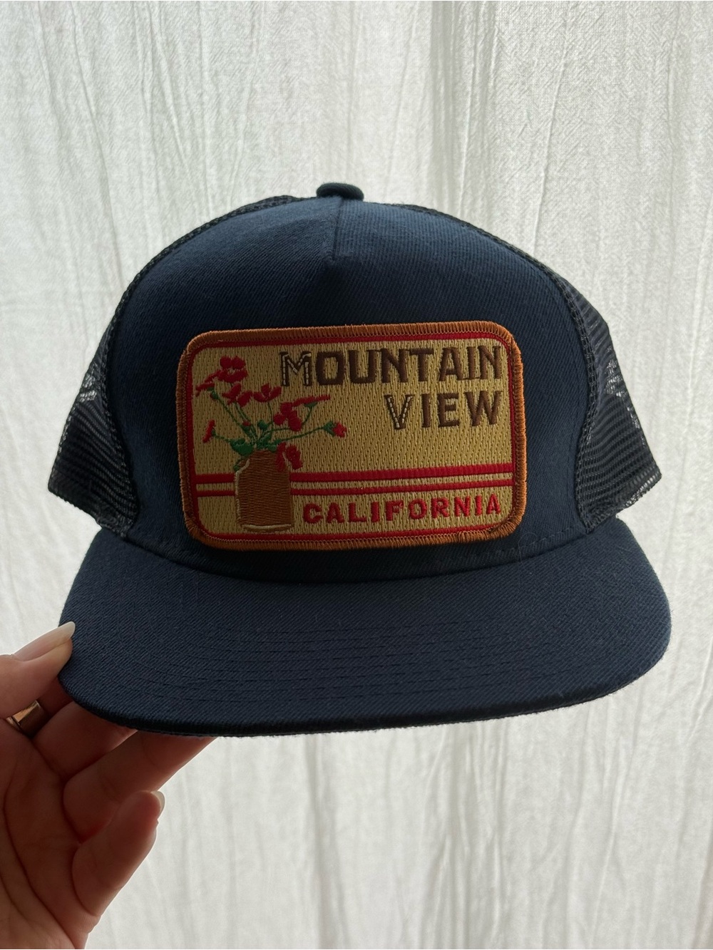 mountain view california patch trucker snapback hat in navy bart bridge style
